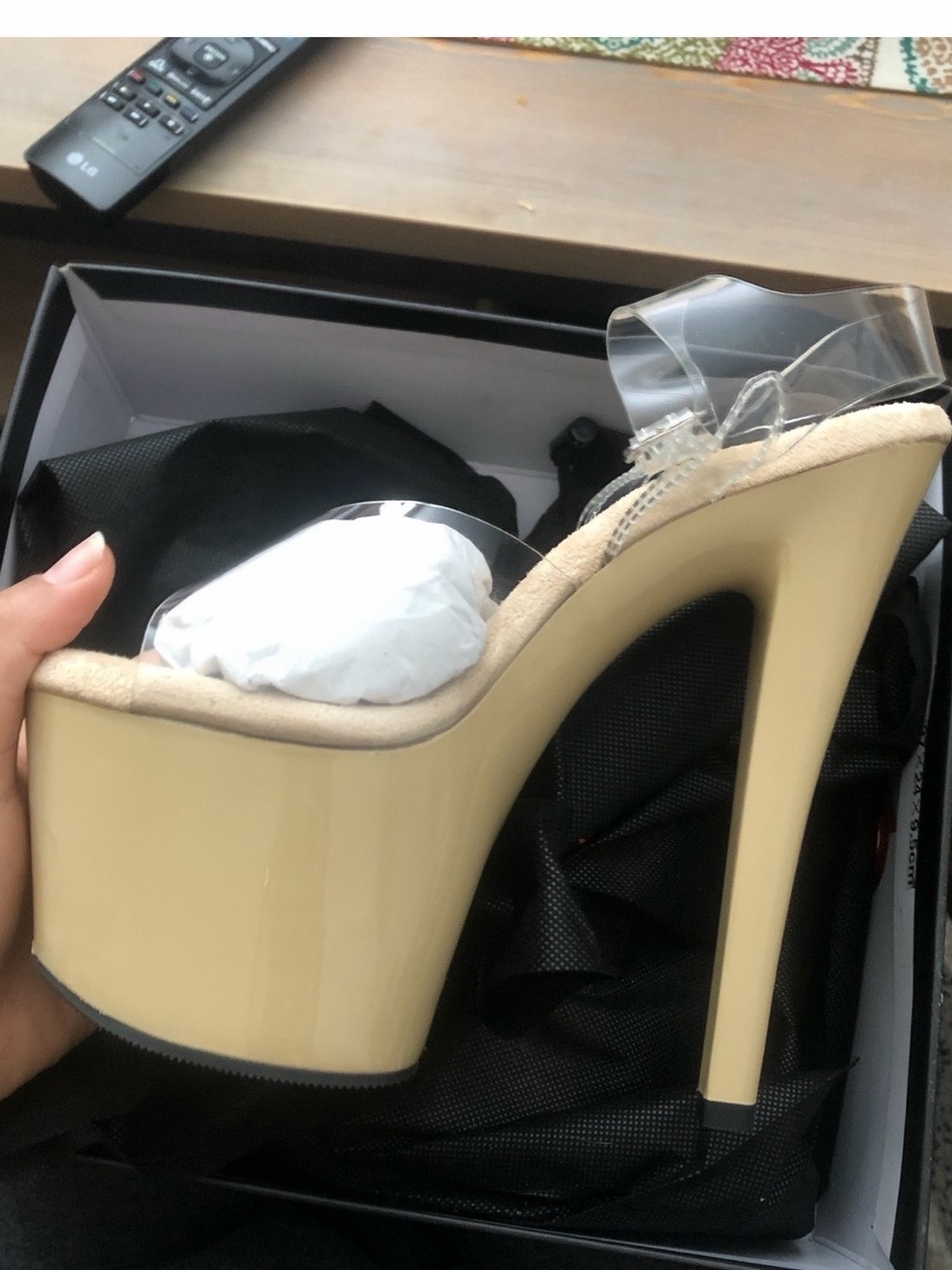 Pleaser Beige Patent Platform Stiletto Mule with Clear Strap
